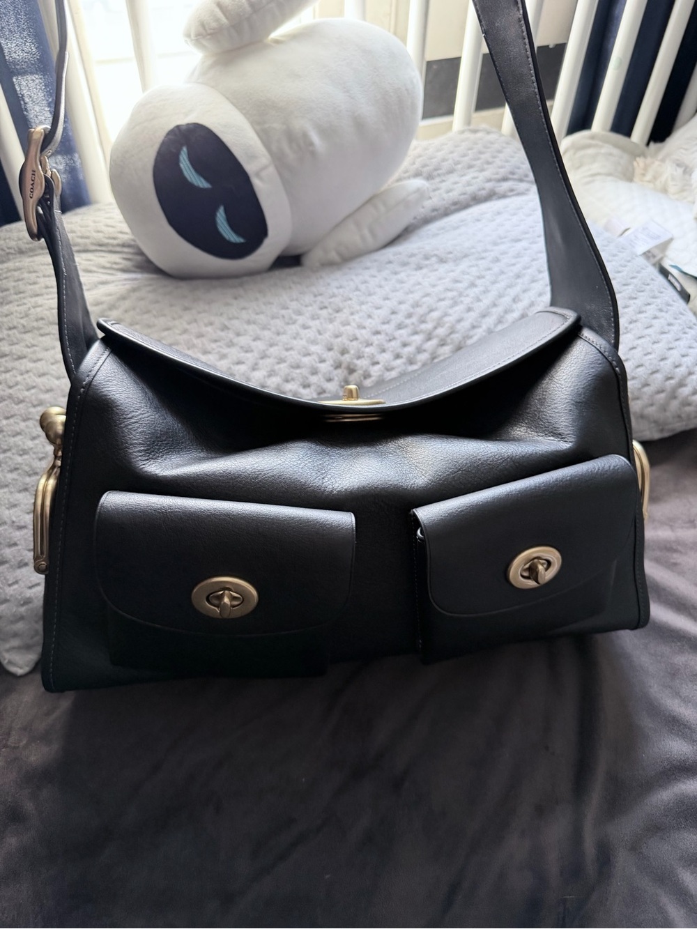 Coach Black Leather Shoulder Bag with Gold-Tone Hardware
